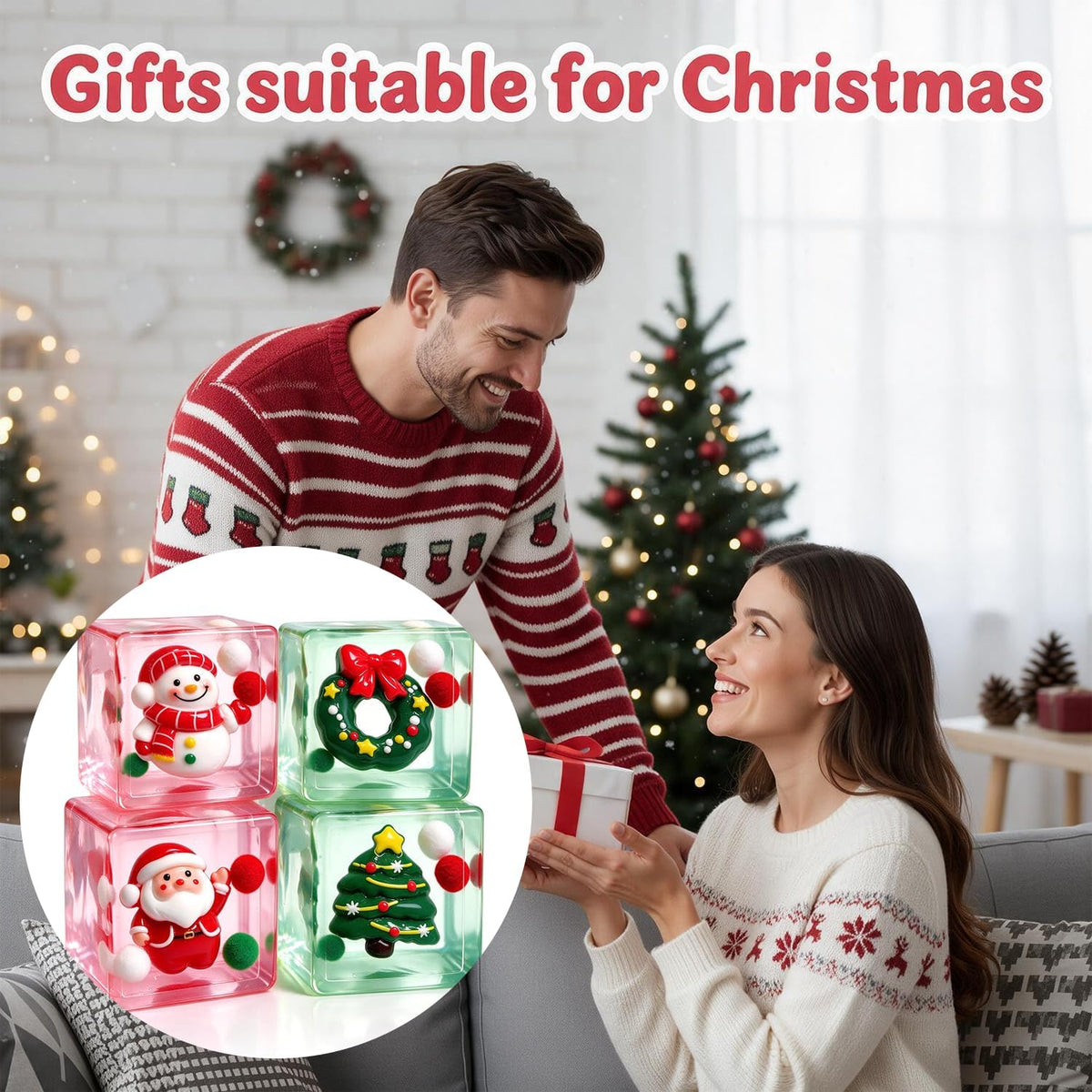 4 Pack Christmas Slow Rising Stress Cube Balls ，Christmas Square Mochi Squishy Toys for Anxiety Stress Relief, Soft Squishy Toys for Party Favors Gifts Classroom Prizes
