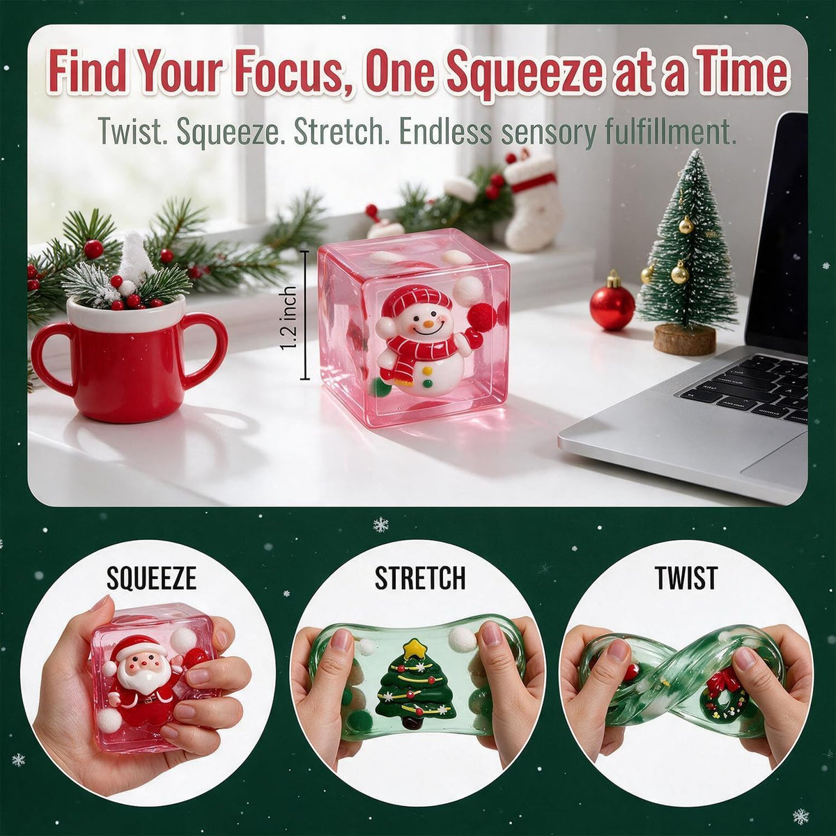 4 Pack Christmas Slow Rising Stress Cube Balls ，Christmas Square Mochi Squishy Toys for Anxiety Stress Relief, Soft Squishy Toys for Party Favors Gifts Classroom Prizes