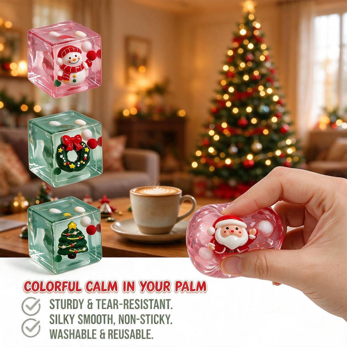 4 Pack Christmas Slow Rising Stress Cube Balls ，Christmas Square Mochi Squishy Toys for Anxiety Stress Relief, Soft Squishy Toys for Party Favors Gifts Classroom Prizes