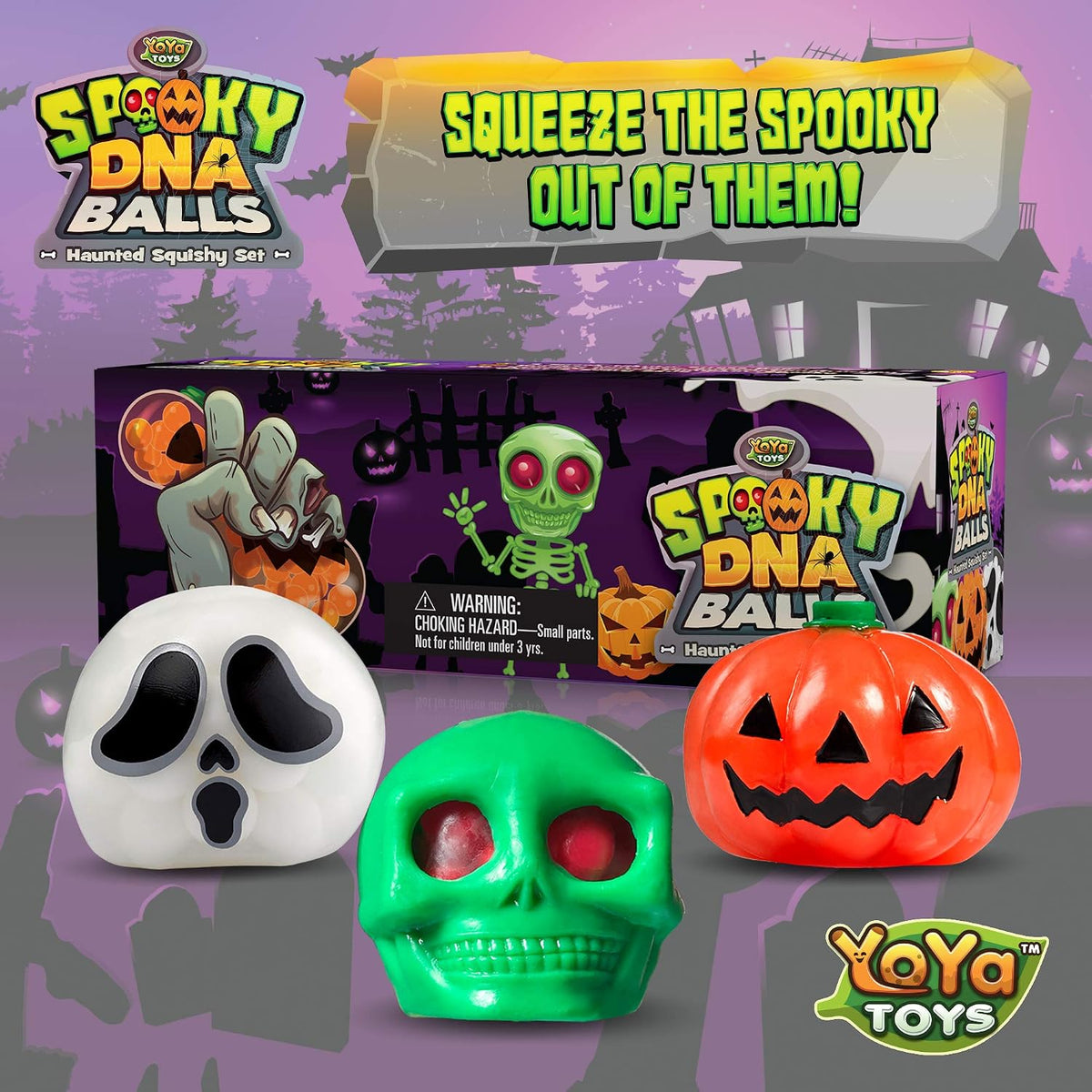 Spooky DNA Stress Balls (3 Pack) - Halloween Squishy Gift - Pumpkin, Ghost, Skull Squeeze Balls for Kids and Adults - Sensory Fidget Toy - Promote Anxiety, Stress Relief, Calm Focus and Play