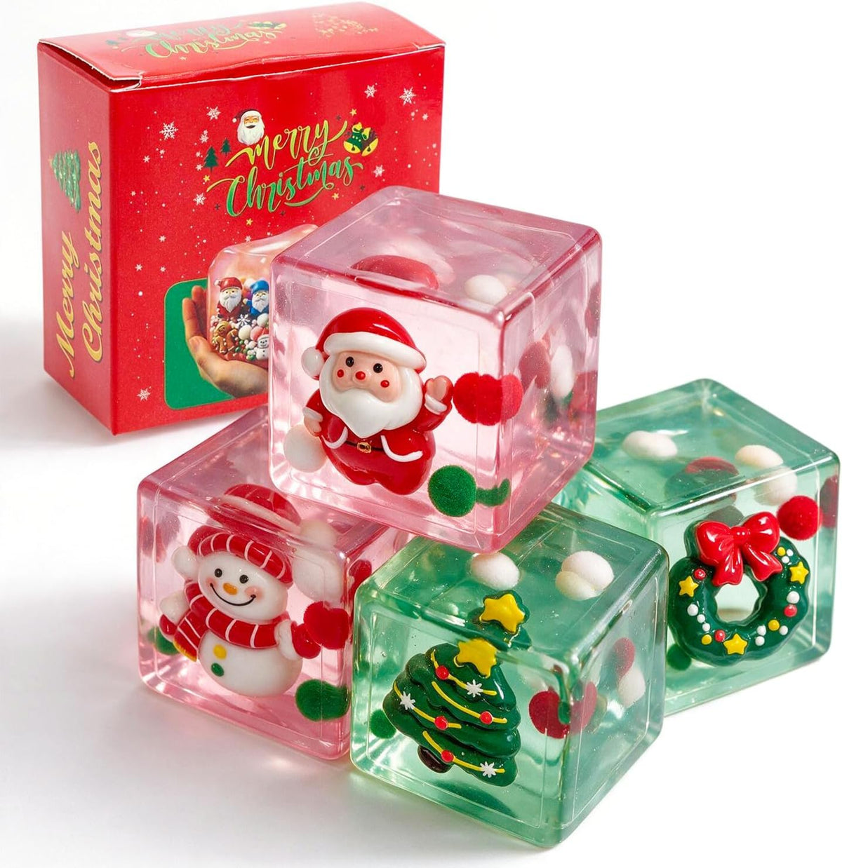 4 Pack Christmas Slow Rising Stress Cube Balls ，Christmas Square Mochi Squishy Toys for Anxiety Stress Relief, Soft Squishy Toys for Party Favors Gifts Classroom Prizes