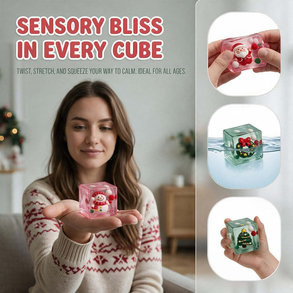 4 Pack Christmas Slow Rising Stress Cube Balls ，Christmas Square Mochi Squishy Toys for Anxiety Stress Relief, Soft Squishy Toys for Party Favors Gifts Classroom Prizes